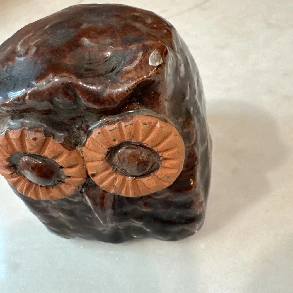 Studio signed BM 1969 art pottery Owl Figurine Ceramic Home Decor 2 inch